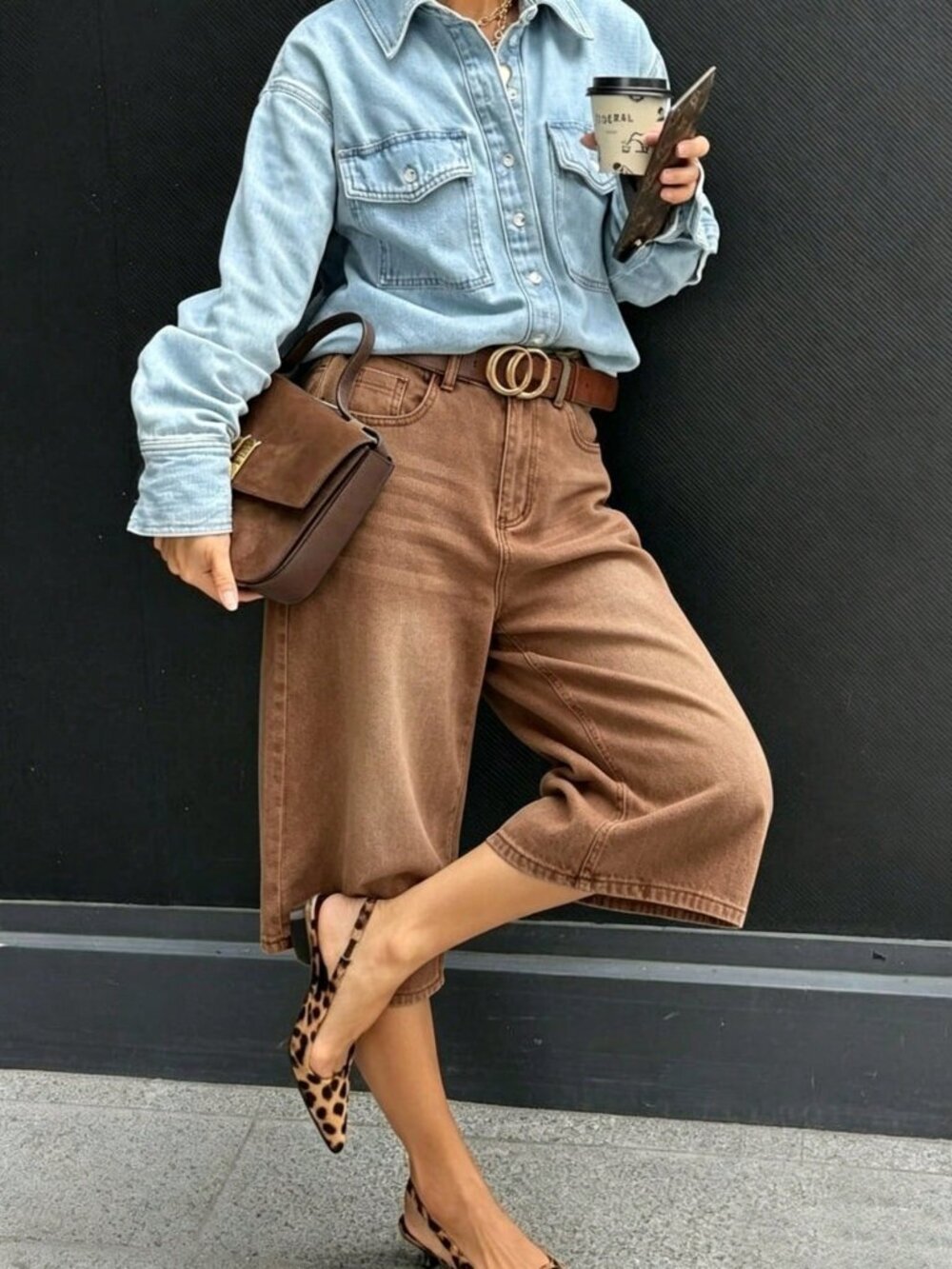 brown Women's Casual Denim Bermuda Shorts with Pockets - Picture 4 of 6